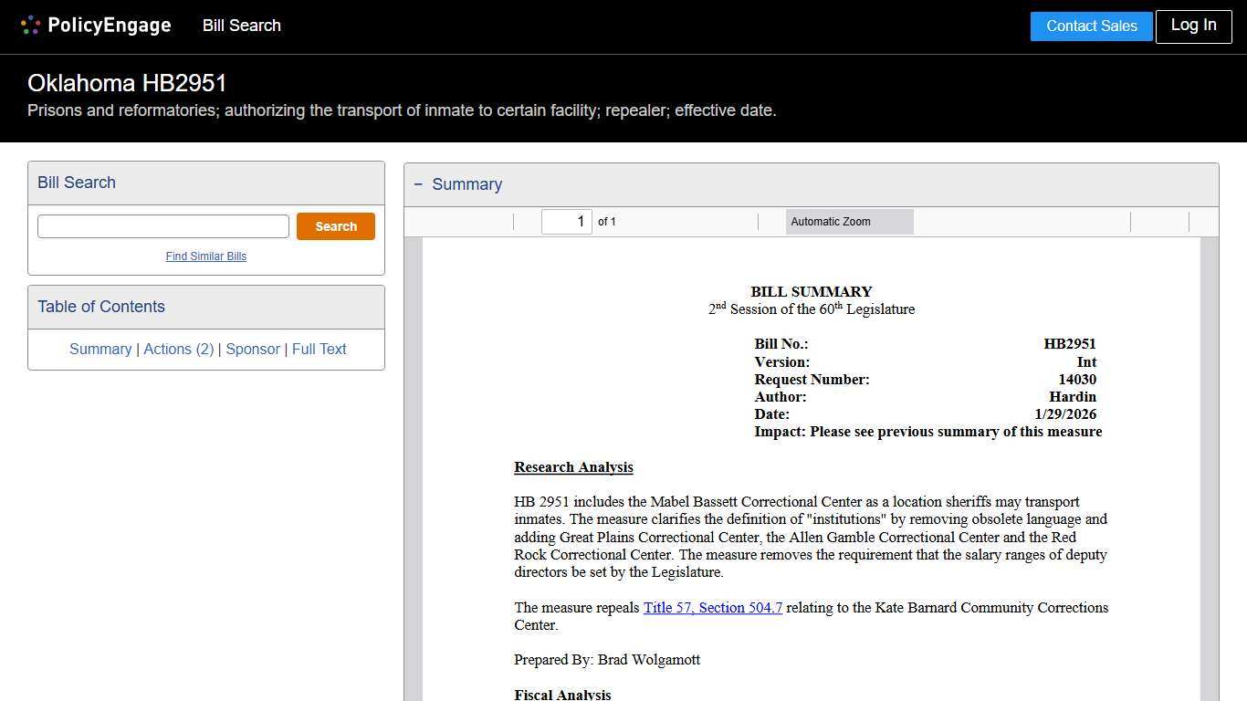 HB2951 Oklahoma 2026 Prisons and reformatories; authorizing the transport of inmate to certain facility; repealer; effective date. - Legislative Tracking PolicyEngage