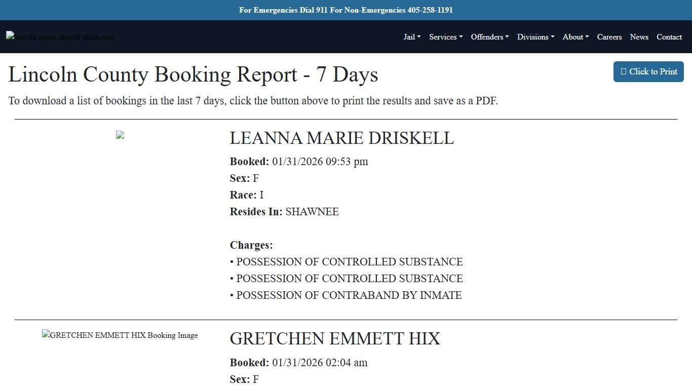 7 Day Booking Report Lincoln County Sheriff's Office